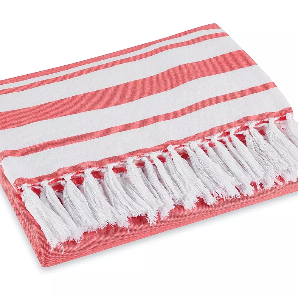 Striped Coral and White Tasseled Throw Blanket